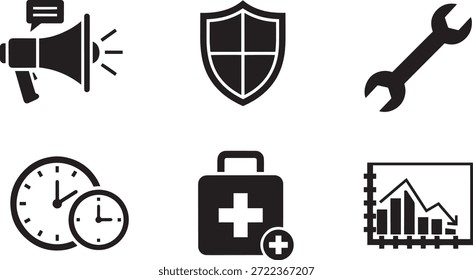 Eine Sammlung von sechs schwarzen Vektorsilhouettensymbolen auf weißem Hintergrund, darunter ein Megaphon, ein Schild, ein Schraubenschlüssel, eine Uhr, ein Erste-Hilfe-Kit und ein Diagramm