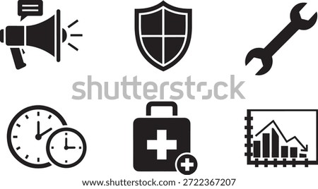 A collection of six black vector silhouette icons on a white background, including a megaphone, shield, wrench, clock, first aid kit, and graph