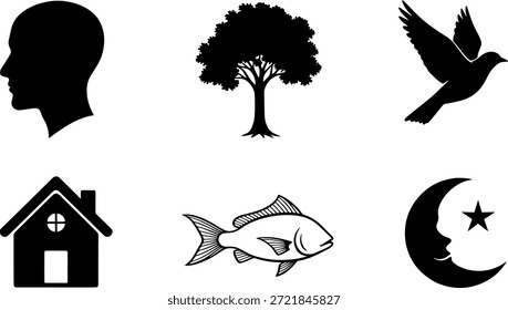 A collection of six black vector silhouettes on a white background, featuring a human head, tree, bird in flight, house, fish, and crescent moon with star.