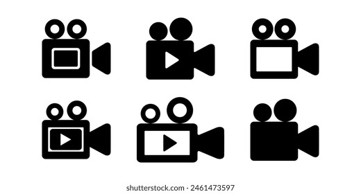 Collection of six black video camera icons with various play buttons on white background.  For video production and vlogging.