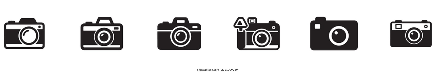 Una colección de seis iconos de cámara en blanco y negro sobre un fondo blanco liso