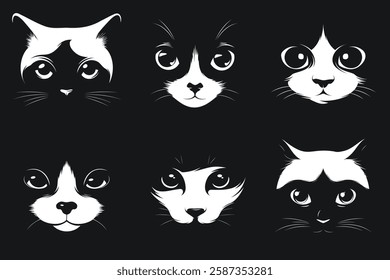 Collection of six black and white cat portraits designed using the concept of negative space. Each feline face is uniquely illustrated in a minimalist, high-contrast vector style.