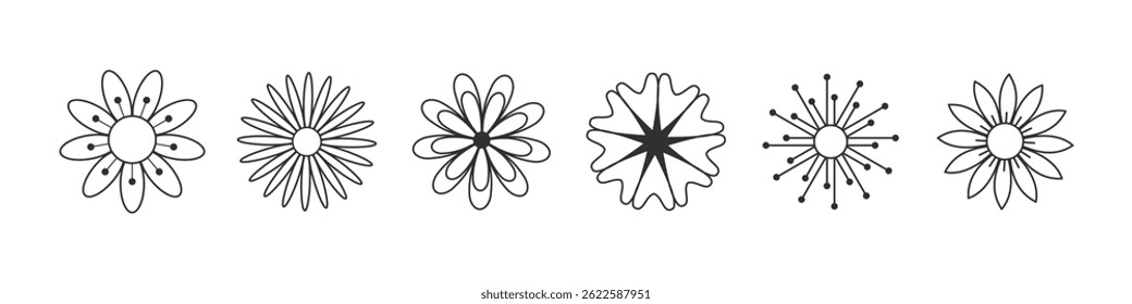 Collection of six black and white flower icons in minimal line art style, featuring various petal shapes and decorative centers.
