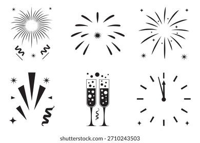 Sammlung von sechs schwarz-weißen grafischen Symbolen, die Silvesterfeiern darstellen, darunter Feuerwerk, Champagner und eine Uhr.