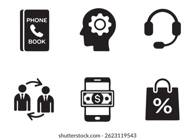 A collection of six black and white icons, representing various aspects of modern communication, business, and commerce.