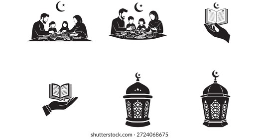 Una colección de seis íconos en blanco y negro que representan Elementos culturales islámicos, incluidas familias que comparten comidas, una mano que sostiene un Corán y linternas decorativas.