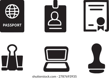 Collection of six black and white icons: passport, ID card, certificate, binder clip, open laptop, and stamp. Perfect for travel and business designs.