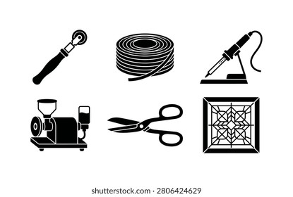 A collection of six black and white icons depicting various objects, including a soldering iron, wire, paintbrush, coffee grinder, scissors, and stained glass.   