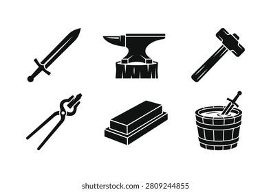 A collection of six black and white icons depicting various medieval tools and objects, including a sword, anvil, hammer, tongs, a block of metal, and a bucket with a sword in it.   
