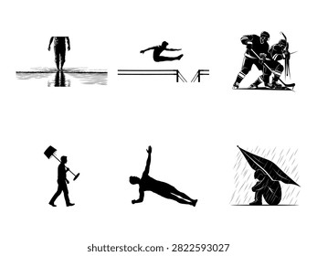 A collection of six black and white icons depicting different physical activities. The icons include a person walking on a tightrope, a gymnast doing a vault, ice hockey players in action, a person shoveling, someone doing a plank exercise, and an athlete holding a javelin. These vector-style graphics are versatile for use in fitness, sports, and exercise-related content.