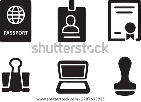 Collection of six black and white icons: passport, ID card, certificate, binder clip, open laptop, and stamp. Perfect for travel and business designs.