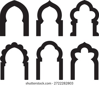Colección de seis diseños de arco islámico en blanco y negro en una disposición de cuadrícula