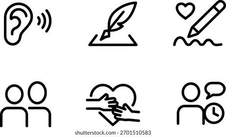 Colección de seis iconos de arte de línea en blanco y negro