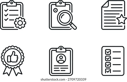 A collection of six black and white line icons representing various business and quality management concepts like checklist, review, rating, search, and certification, perfect for web design.