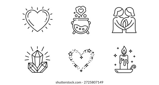 A collection of six black and white line art icons depicting symbols of love, magic, and spirituality, including a shining heart, a bubbling love potion cauldron, an embracing couple, sparkling crystals, a heart made of stars, and a glowing lit candle