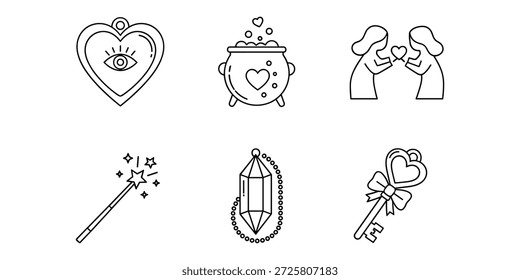 Eine Kollektion von sechs Kunstsymbolen mit schwarz-weißer Linie, die verschiedene Symbole im Zusammenhang mit Liebe, Magie, Hexerei und mystischen Konzepten darstellen, darunter einen Herzanhänger mit einem Auge, einen Kessel mit Herzblasen, zwei Figuren, die ein Herz austauschen, einen Zauberstab, einen Kristallanhänger an einer Kette und einen herzförmigen Schlüssel mit einer Schleife, die alle auf einem sauberen weißen Hintergrund präsentiert werden.