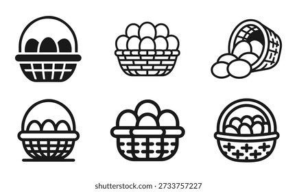 Coleção de seis ícones de arte em preto e branco que retratam vários estilos de cestas tecidas cheias de ovos.