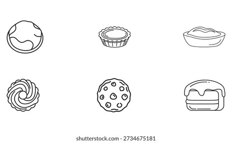 A collection of six black and white line art icons depicting various desserts and pastries, including a cookie, a tart, a bowl of cream, a swirled pastry, a chocolate chip cookie, and a frosted layered cake.