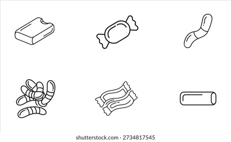 A collection of six black and white line drawings of various candies and confectionery items.