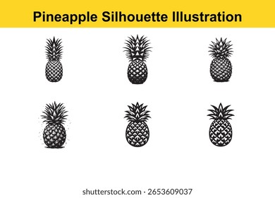 Uma coleção de seis ilustrações de abacaxi preto e branco são exibidas em um fundo branco, apresentando silhuetas de frutas tropicais.