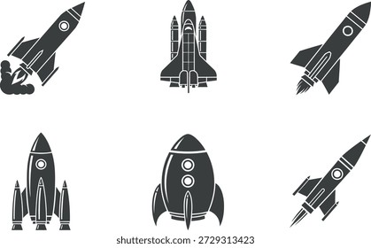 Colección de seis ilustraciones de naves cohete en blanco y negro