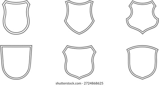 Una colección de seis íconos de escudo en blanco y negro, cada uno con una forma y diseño únicos, sobre un fondo blanco liso. Los escudos están delineados en negro y tienen un estilo simple y minimalista, lo que los hace adecuados para su uso en proyectos de Diseño gráfico, marca y arte digital.