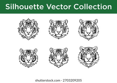 A collection of six black and white stylized tiger head silhouettes, presented in a vector format.