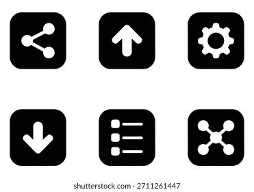 Colección de seis iconos de interfaz de usuario en blanco y negro