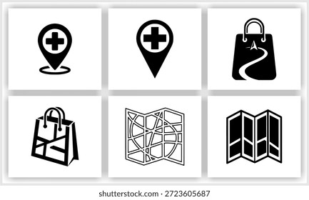 A collection of six black and white vector icons, including location pins with medical crosses for healthcare facilities, shopping bags integrated with navigation paths and map patterns for retail or e-commerce, and various map illustrations, all presented against a clean white background