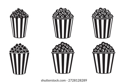 Colección de seis iconos vectoriales en blanco y negro de cubos de palomitas de maíz con patrones a rayas, aislados en blanco.