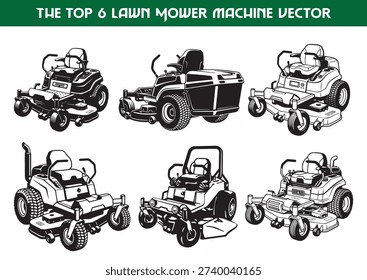 Collection of six black and white vector illustrations of lawn mowers