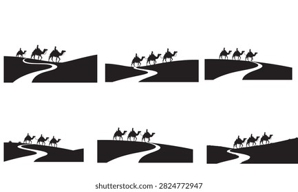 A collection of six black and white vector silhouettes depicting camel caravans with riders traversing winding desert dunes, illustrating ancient trade routes and journeys across arid landscapes.