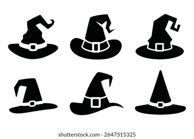 Coleção de seis silhuetas de chapéu de bruxa preta com fivelas, isoladas no branco. Perfeito para projetos de Halloween e temas assustadores.