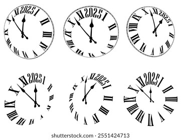 A collection of six black-and-white clock designs showcasing Roman numerals and the year 2025. Perfect for New Year themes and timeless illustrations.