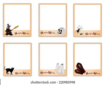 Collection of Six Blank Instant Photo Prints or Instant Print Transfer with Jack-o-Lantern Pumpkin, Sign for Halloween Celebration. 