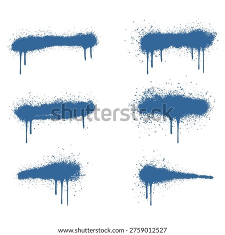 Collection of Six Blue Graffiti Spray Paint Brush Strokes with Realistic Aerosol Drips and Urban Splatter.