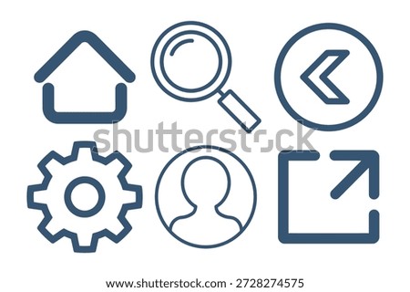 A collection of six blue icons for web navigation and settings on a pure white background, including a house, magnifying glass, left arrow, gear, person, and document with an upward arrow