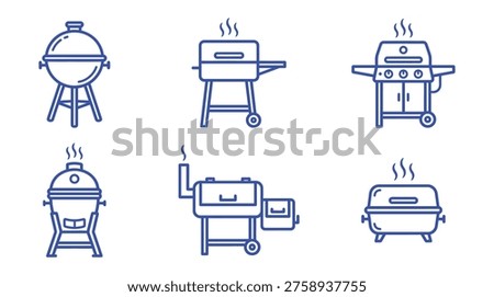 A collection of six blue line art icons depicting various barbecue grills and smokers, perfect for use in cooking, outdoor, or lifestyle related marketing and advertising materials.