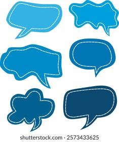 A collection of six blue speech bubbles with a stitched border, offering various shapes and sizes for dynamic conversation elements.