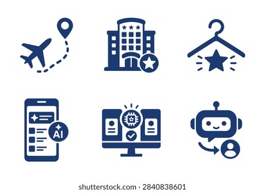 A collection of six blue vector icons featuring an airplane flight path hotel building clothes hanger smartphone app computer screen and chatbot assistant