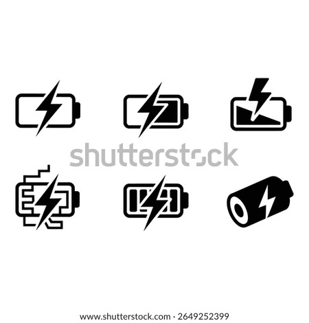 Collection of Six Bold Black Battery Charging Icons Full Partial Empty and Circuit Board Styles