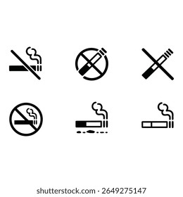 Coleção de seis negrito preto sem fumar ícones de cigarro símbolos de proibição Elementos de design gráfico