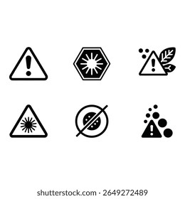 Coleção de seis negrito preto ícones de aviso perigo UV alergênico Laser Nut livre e alertas de partículas