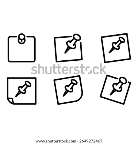 Collection of Six Bold Outline Icons Push Pin on Note Papers Minimalist Modern Design