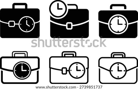 A collection of six briefcase icons with clock designs in various styles and colors