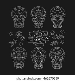 Collection of six Calavera skulls and decorative elements.  Sugar skulls for Mexican Day of the Dead