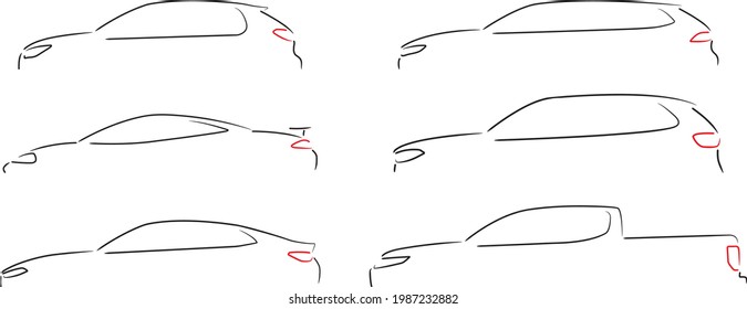 Sammlung von sechs Fahrzeuglayouts - Kleinwagen, Sportwagen, Limousinen, Kombi, SUV und Abholung