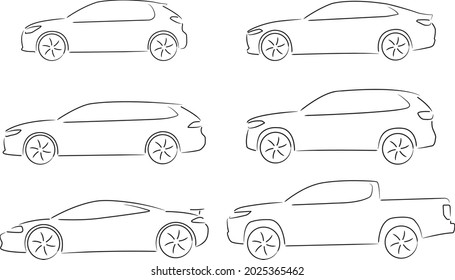 Collection of six car layouts - small car, sports car, sedan, station wagon, SUV and pickup. Side view, black line car vector icons.