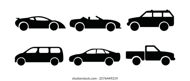  collection of six car silhouettes representing various vehicle types, including a sports car, convertible, SUV, minivan, sedan, and pickup truck. Perfect for automotive designs, infographics, 