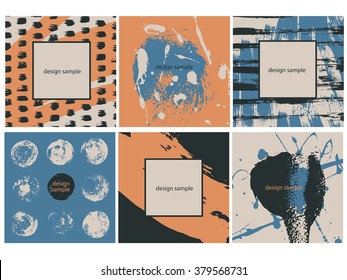 Collection six cards of ink splatter. Square template.